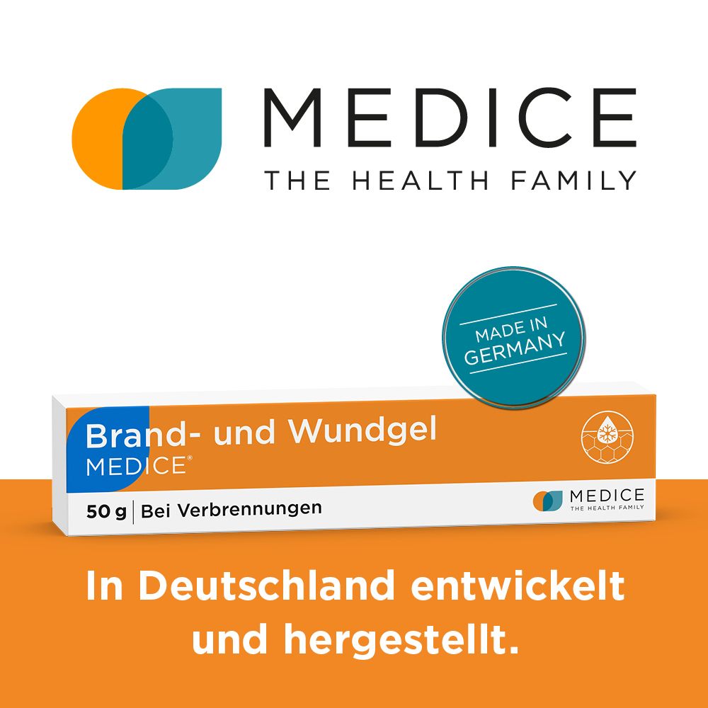 Brand- und Wundgel MEDICE 50g, "Made in Germany" Siegel.