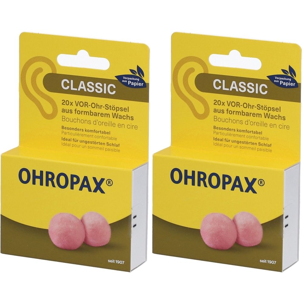 Zwei Packungen mit gelber Verpackung. Aufschrift "CLASSIC" und "OHROPAX®". Zwei rosa Ohrstöpsel sind sichtbar.