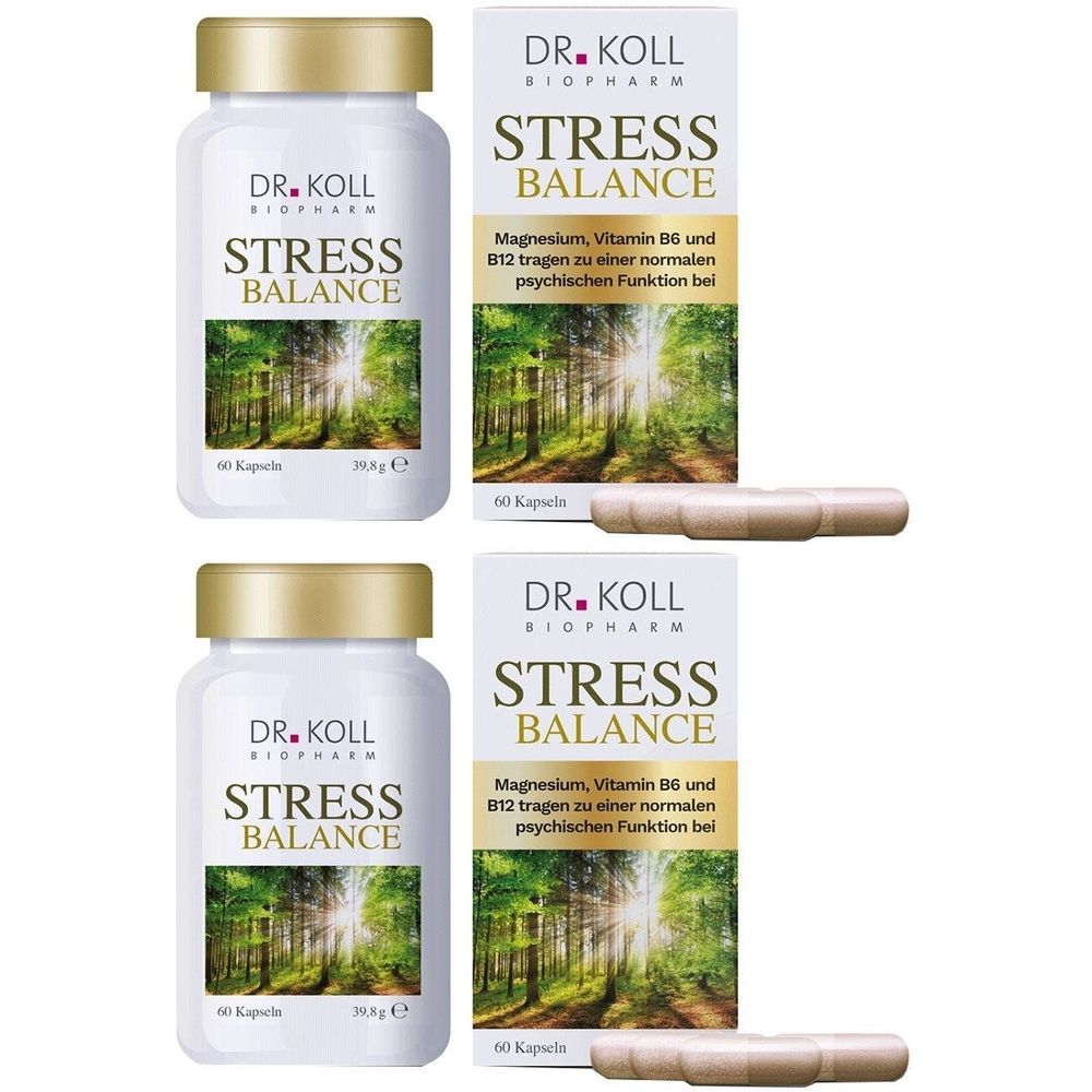 Zwei Flaschen und zwei Schachteln mit Kapseln. Aufschrift: DR. KOLL STRESS BALANCE. Auf den Flaschen: 60 Kapseln. Auf den Schachteln: Magnesium, Vitamin B6 und B12.