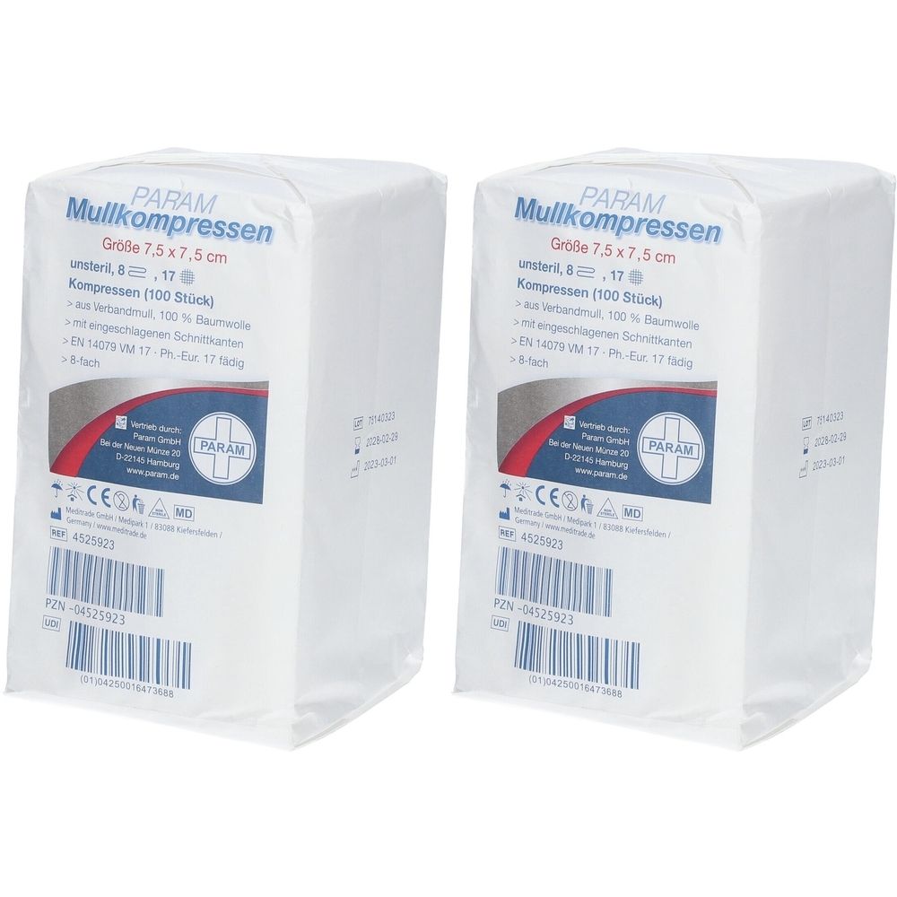 Zwei weiße Verpackungen mit Produktinformationen. Aufdruck: PARAM Mullkompressen, Größe 7,5 x 7,5 cm, 100 Stück.