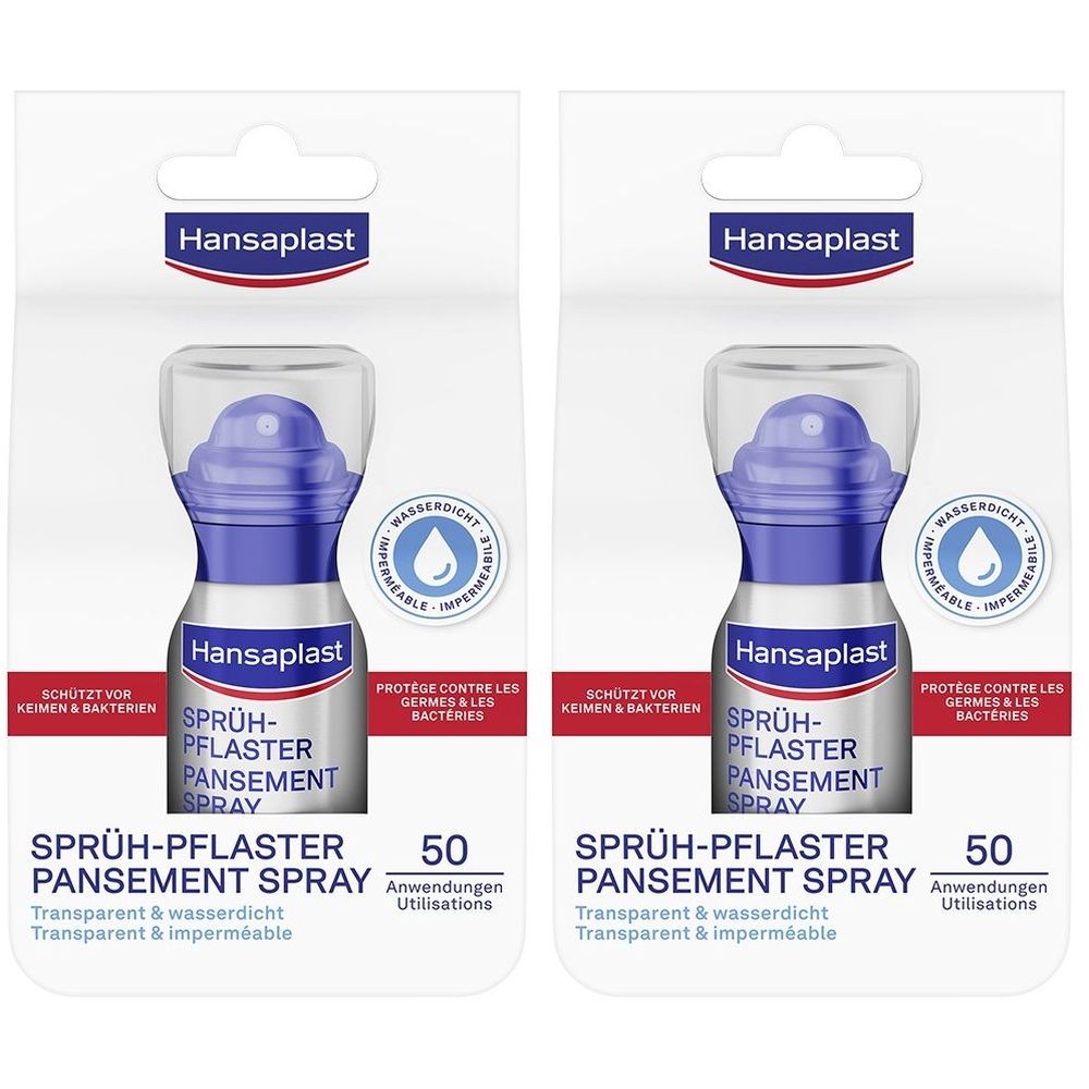 Zwei Sprühpflaster-Verpackungen. Blaue Sprühflasche mit transparentem Verschluss. Aufschrift: Hansaplast, Sprüh-Pflaster, wasserdicht.