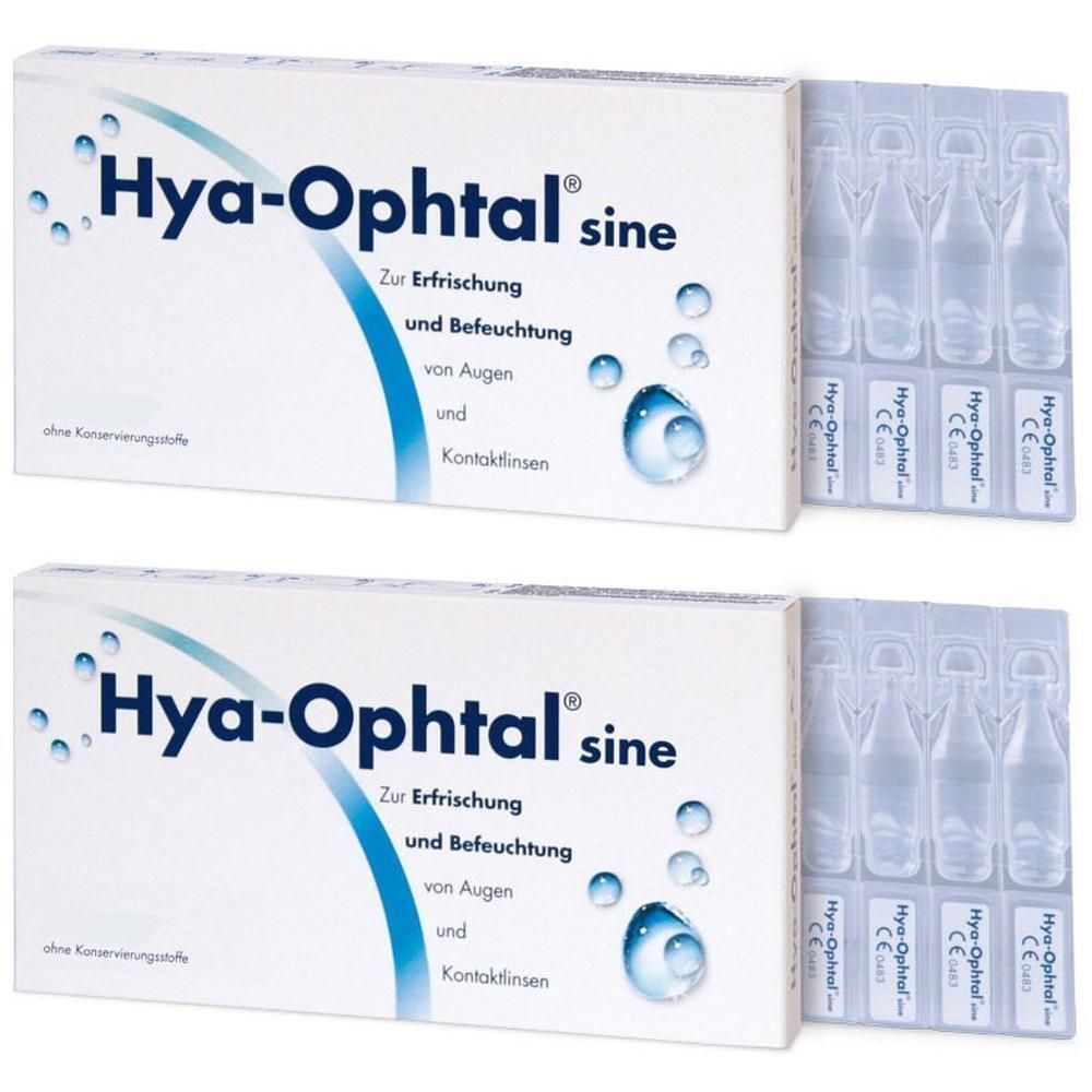 Zwei Packungen Hya-Ophtal® sine Augentropfen, jede mit vier Einzeldosis-Ampullen.