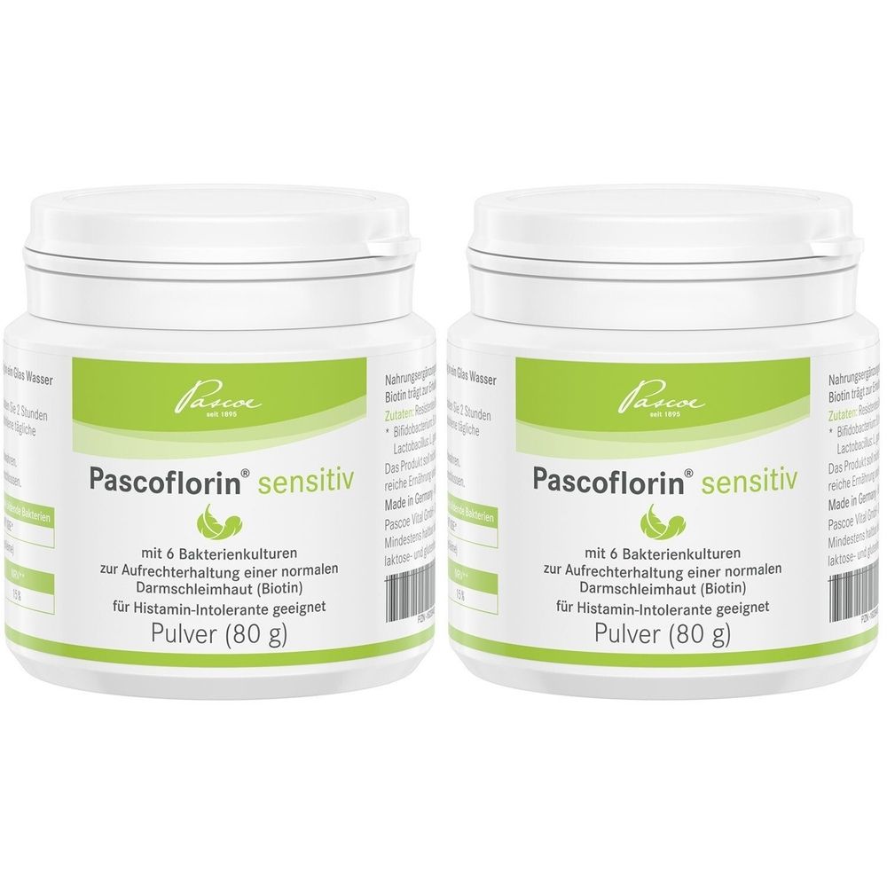 Zwei weiße Dosen Pascoflorin sensitiv Pulver. Aufschrift: mit 6 Bakterienkulturen, für Histamin-Intolerante geeignet. Inhalt: 80 g.