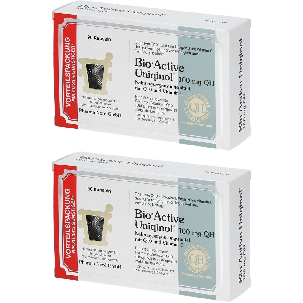 Zwei Schachteln BioActive Uniqinol 100 mg QH. Aufschrift: Nahrungsergänzungsmittel mit Q10 und Vitamin C. Vorteilspackung.
