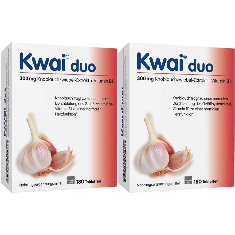 Zwei Schachteln Kwai® duo. Aufdruck: 300 mg Knoblauchzwiebel-Extrakt + Vitamin B1. Abbildung einer Knoblauchzehe. 180 Tabletten.