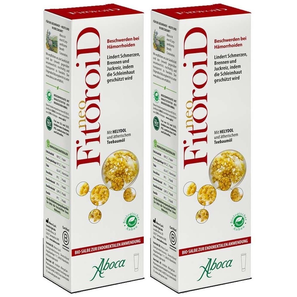 Zwei rechteckige Verpackungen. Aufschrift: neo Fitoroid. Text: Lindert Schmerzen, Brennen und Juckreiz. Marke: Aboca. Bio-Salbe.