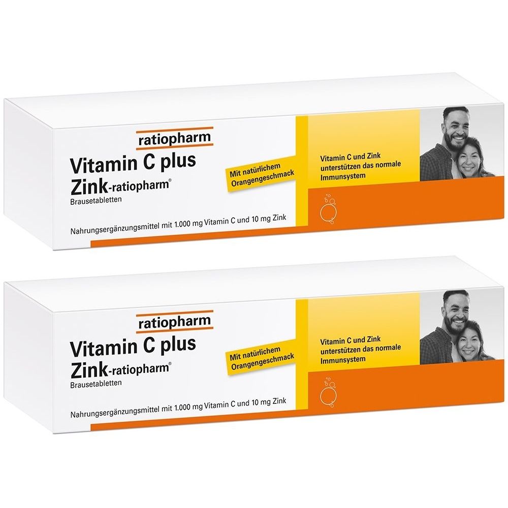 Zwei Packungen Vitamin C plus Zink-ratiopharm Brausetabletten. Weiße Schachteln mit orangefarbenen Akzenten und Produktinformationen.