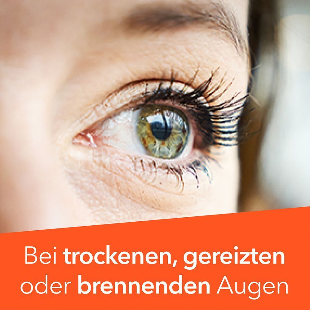 Nahaufnahme eines Auges mit dem Text: Bei trockenen, gereizten oder brennenden Augen.