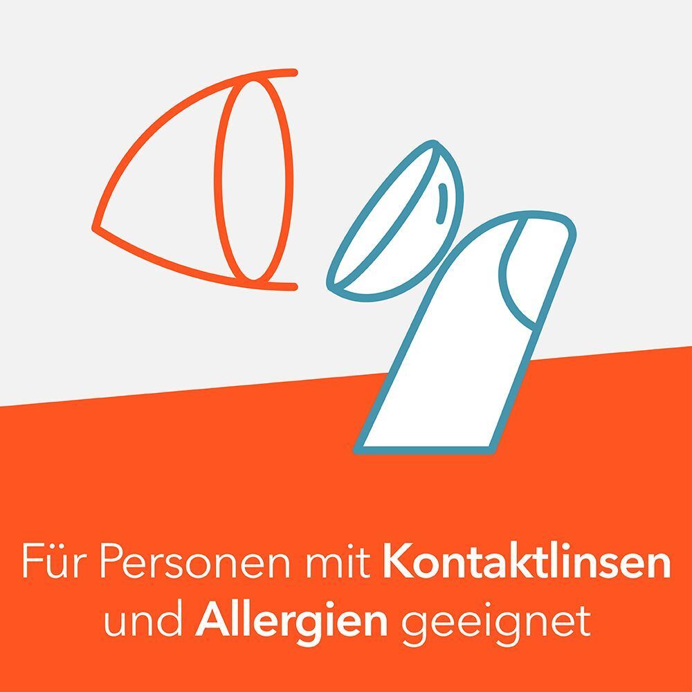 Symbol eines Auges und einer Kontaktlinse auf einem Finger. Text: Für Personen mit Kontaktlinsen und Allergien geeignet.
