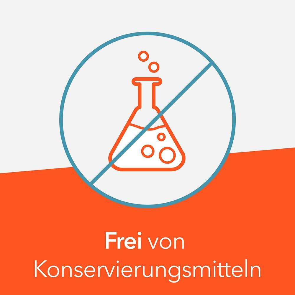 Symbol eines durchgestrichenen Laborkolbens. Text: Frei von Konservierungsmitteln.
