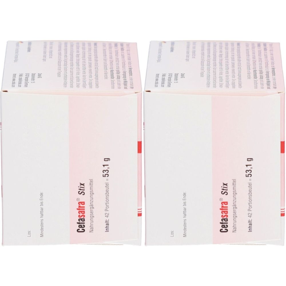 Zwei rechteckige Kartons. Aufdruck: Cefasafra Stix, 42 Portionsbeutel, 53,1 g. Rosa Streifen auf weißem Hintergrund.