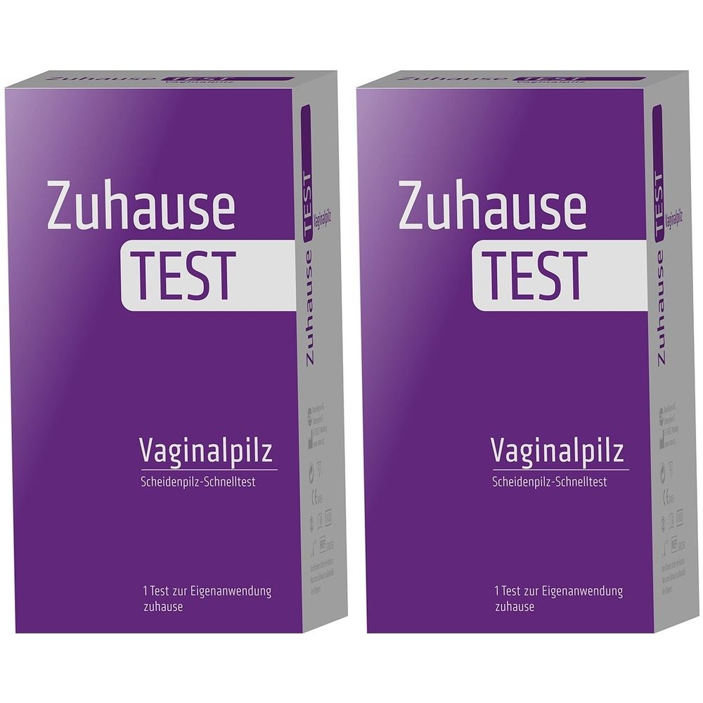 Zwei Packungen Zuhause TEST Vaginalpilz. Lila Verpackung mit weißer Schrift. Aufschrift: Vaginalpilz Scheidenpilz-Schnelltest.