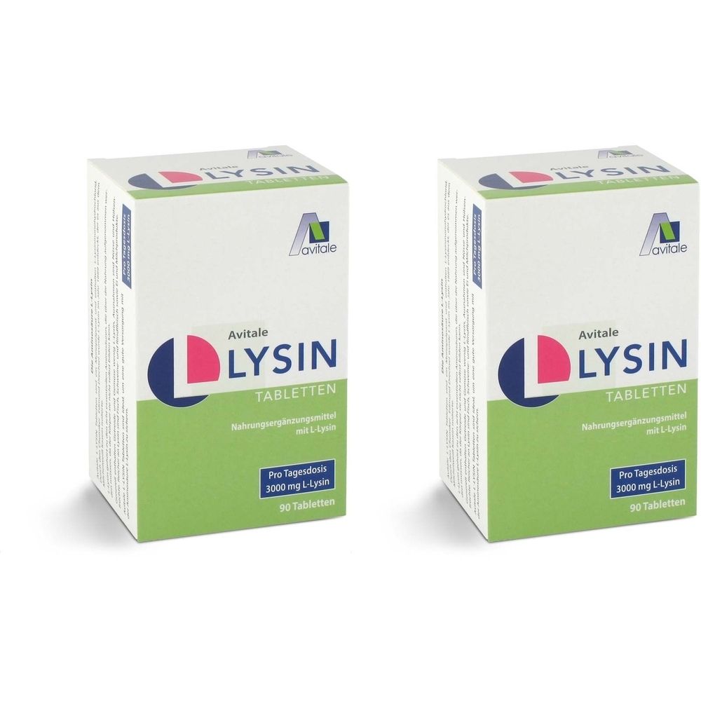 Zwei rechteckige Schachteln mit der Aufschrift "Avitale LYSIN TABLETTEN". Grün-weißes Design. Enthält 90 Tabletten.