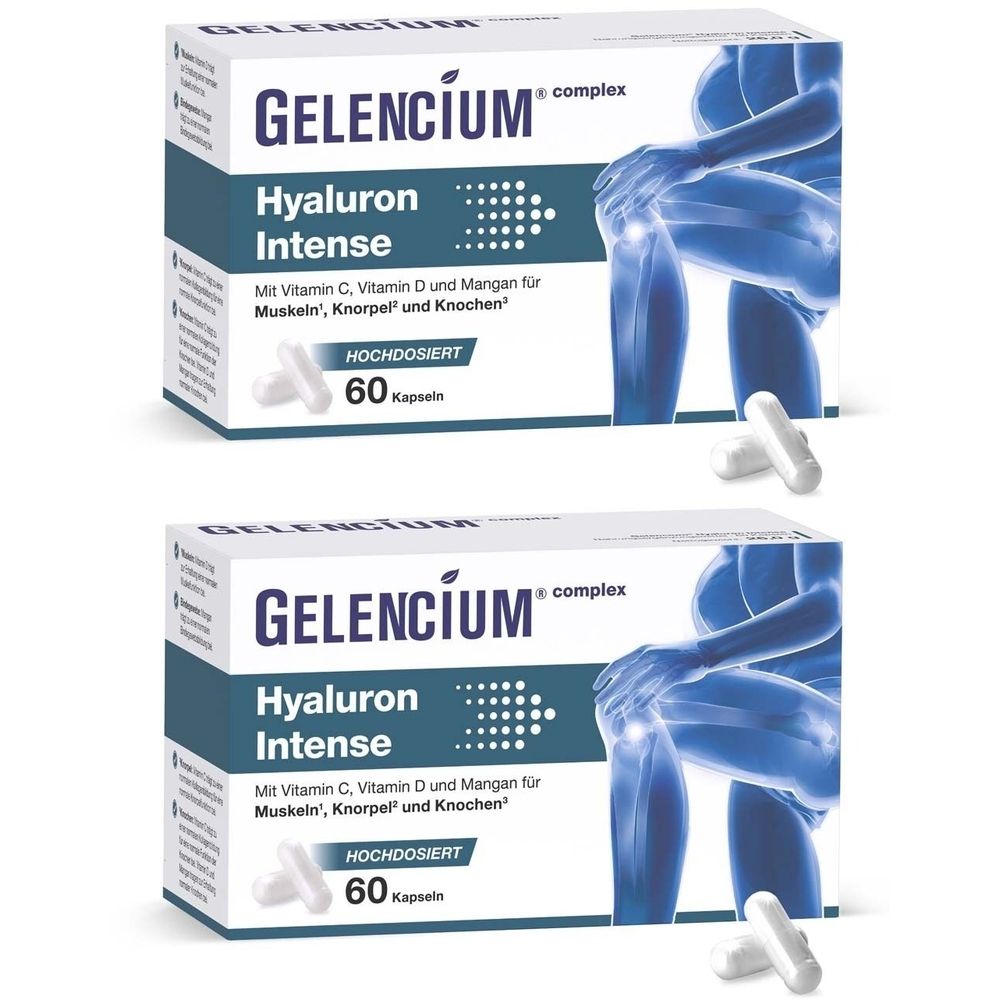 Zwei Schachteln GELENCIUM® Hyaluron Intense. Aufschrift: Hyaluron Intense, 60 Kapseln. Abbildung eines Knies. Mit Vitamin C, D und Mangan.