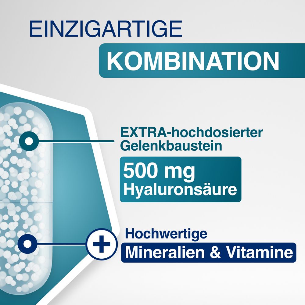 Kapsel mit 500 mg Hyaluronsäure, Vitaminen und Mineralien. "Einzigartige Kombination".