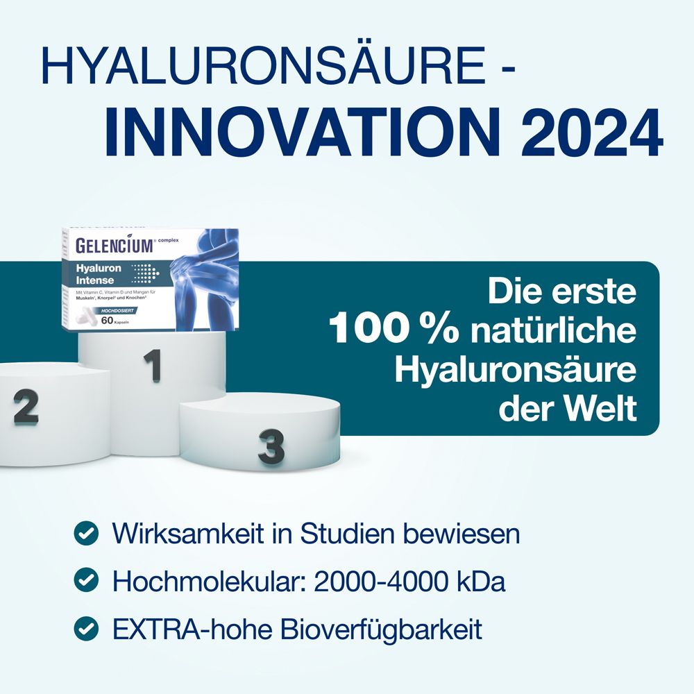 Produktverpackung auf einem Podium. "Hyaluronsäure - Innovation 2024". Die erste 100% natürliche Hyaluronsäure.
