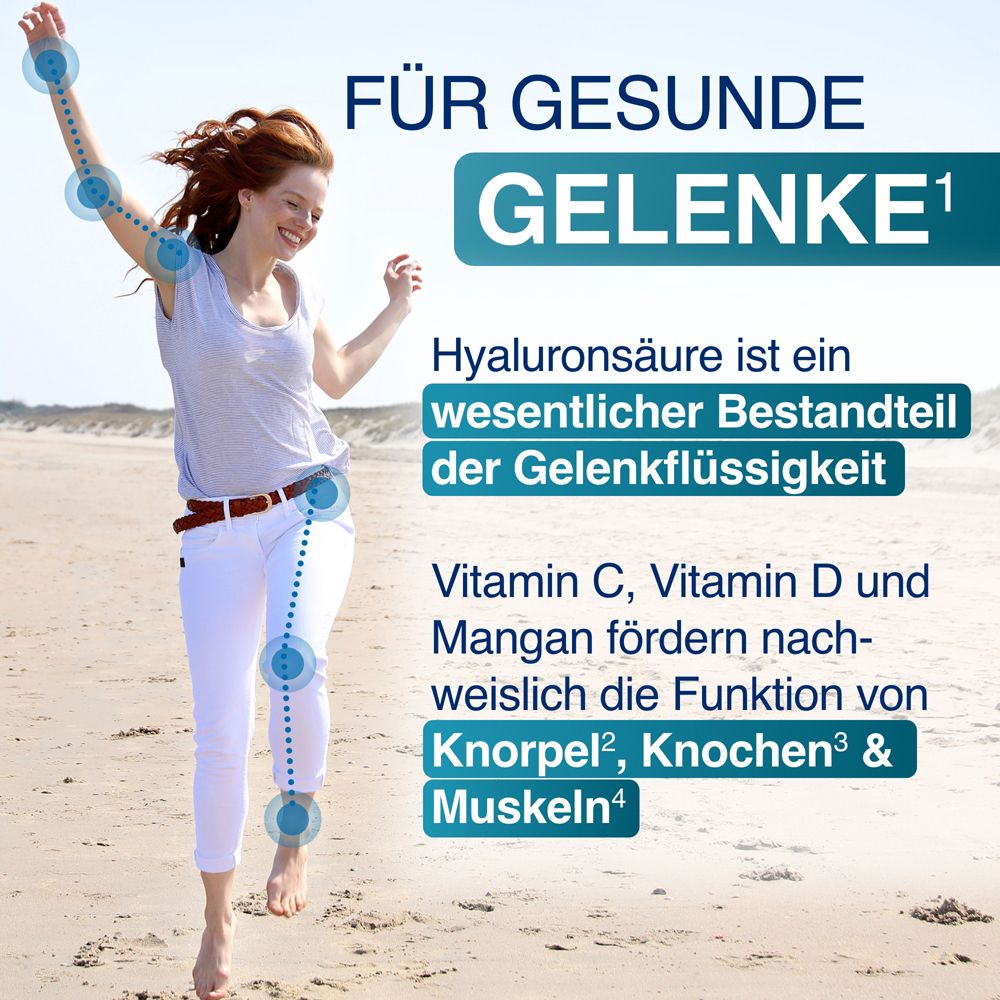 Frau mit gestreckten Armen am Strand. "Für gesunde Gelenke". Vitamin C, D und Mangan fördern Gelenkfunktion.