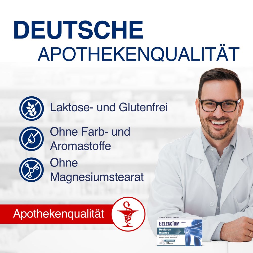 Mann im Arztkittel lächelt. "Deutsche Apothekenqualität". Laktose-, glutenfrei, ohne Farb-/Aromastoffe.