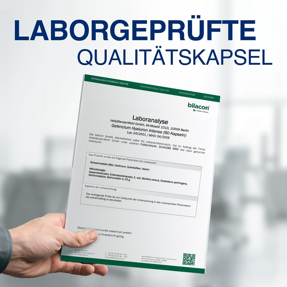 Hand hält ein Laboranalyse-Dokument für GELENCIUM Hyaluron Intense Kapseln.