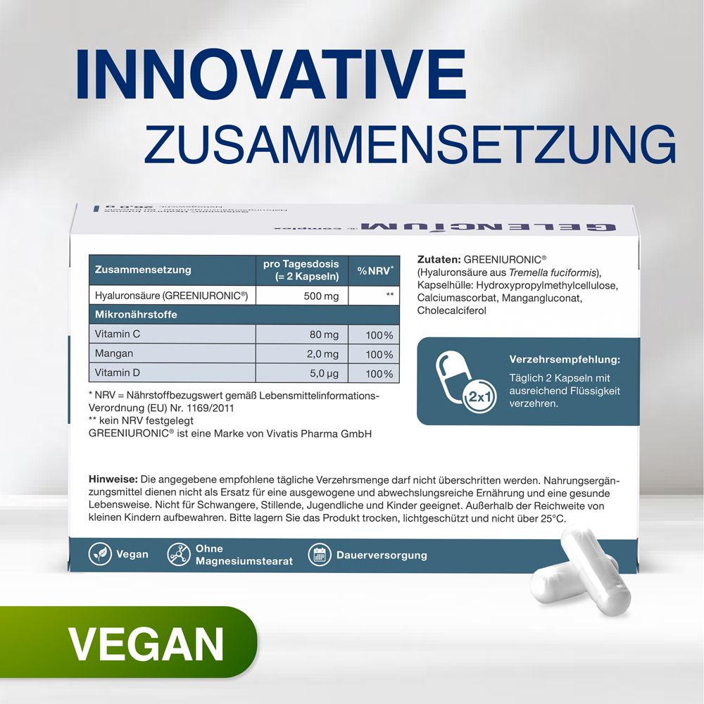 Rückseite der GELENCIUM Hyaluron Intense Verpackung. "Innovative Zusammensetzung". Vegan.