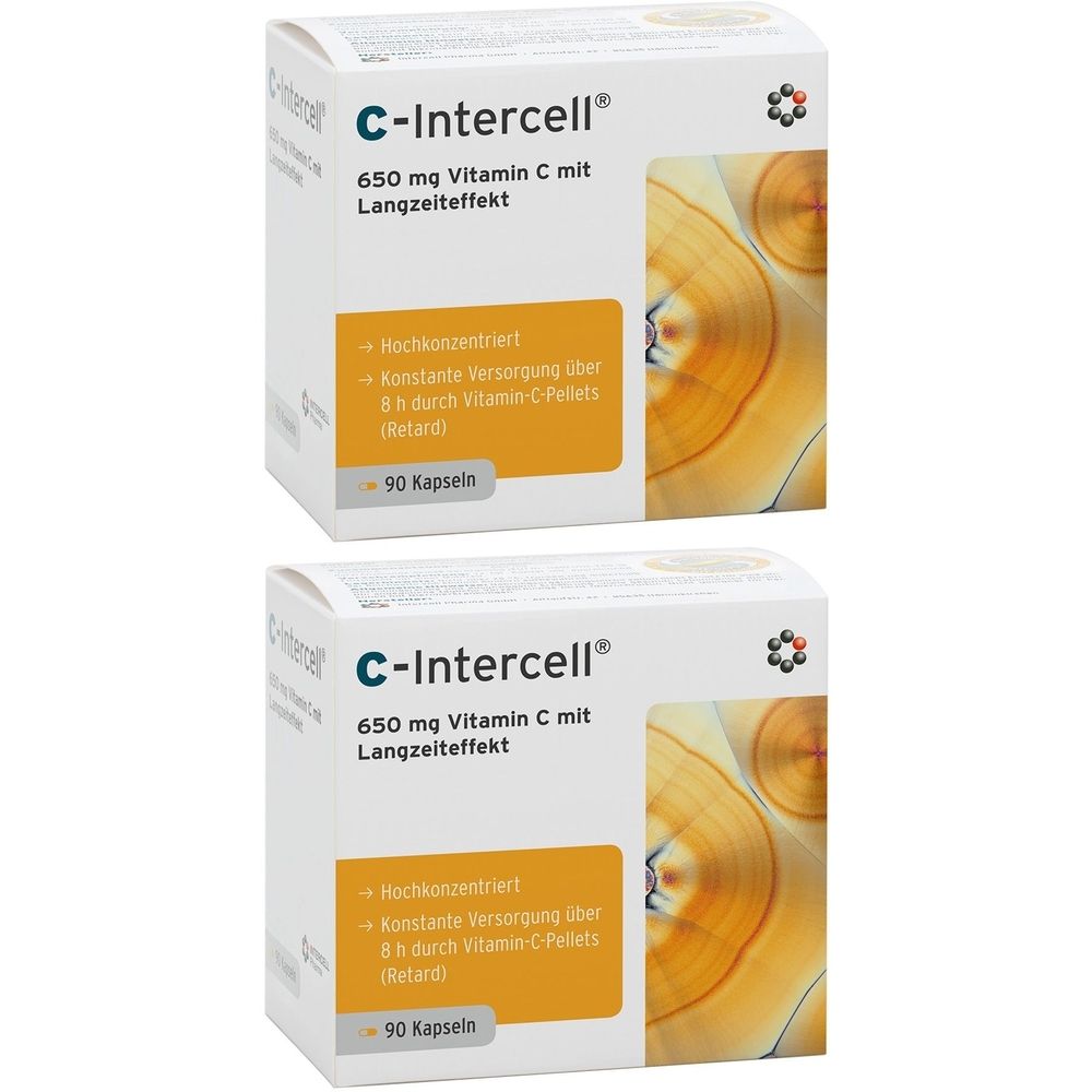 Zwei weiße Kartons mit der Aufschrift "C-Intercell®". Aufdruck: 650 mg Vitamin C mit Langzeiteffekt. Enthält 90 Kapseln.