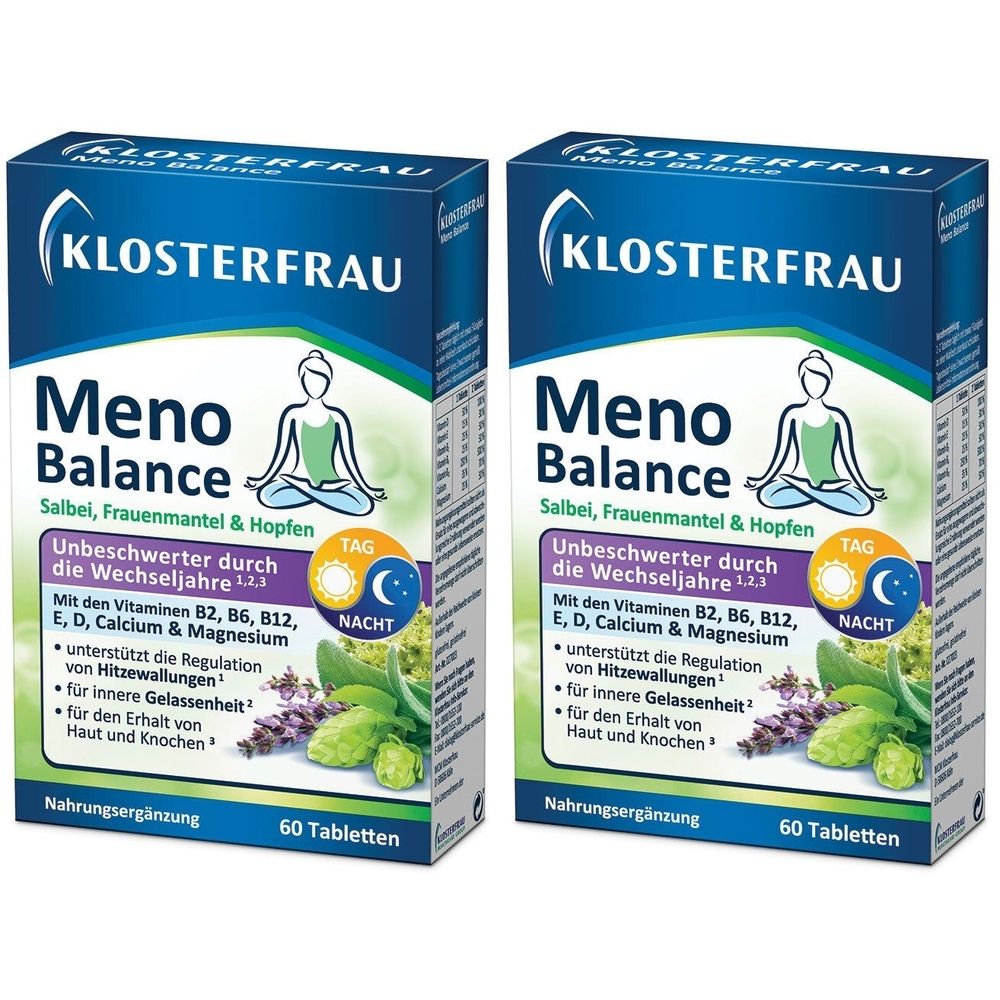 Zwei Schachteln KLOSTERFRAU Meno Balance. Aufschrift: Salbei, Frauenmantel & Hopfen. Enthält 60 Tabletten. Mit Tag/Nacht-Symbol.
