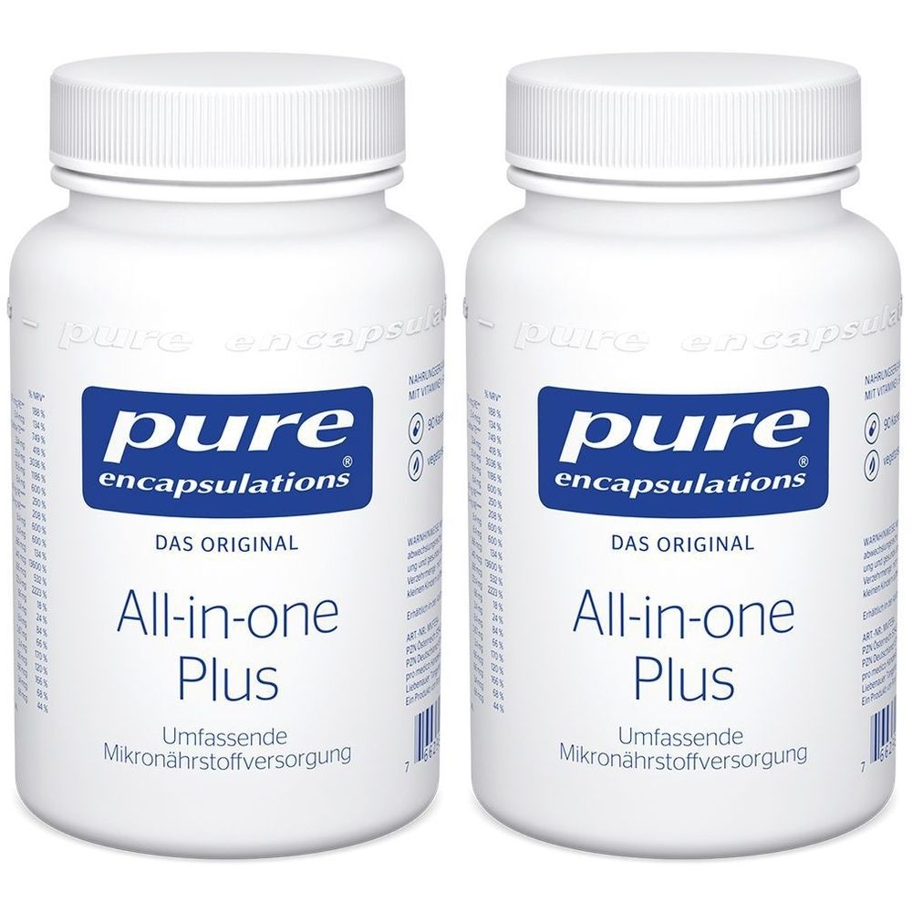 Zwei weiße Flaschen mit Schraubverschluss. Aufschrift: pure encapsulations, All-in-one Plus, Umfassende Mikronährstoffversorgung.