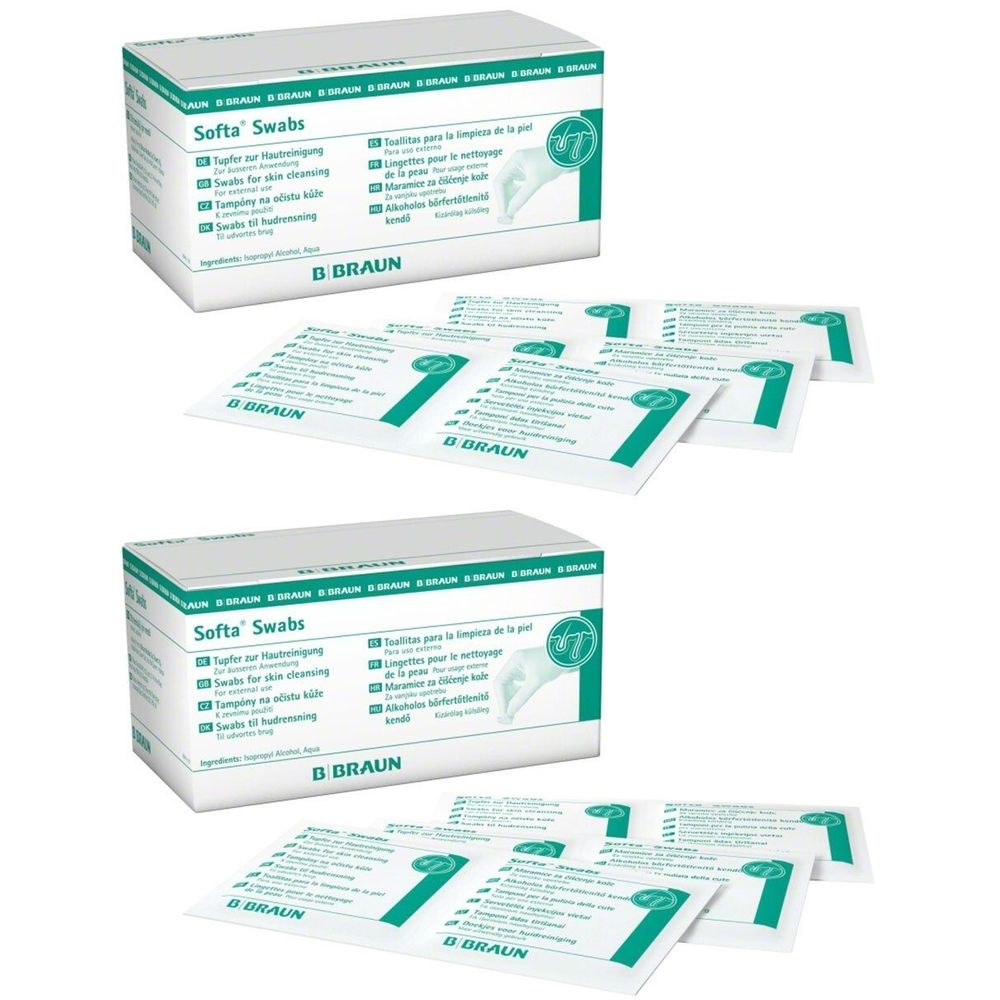 Zwei Kartons mit Softa® Swabs und mehrere Einzelverpackungen. Aufschrift: Softa® Swabs, B. Braun. Grün-weiße Verpackung.