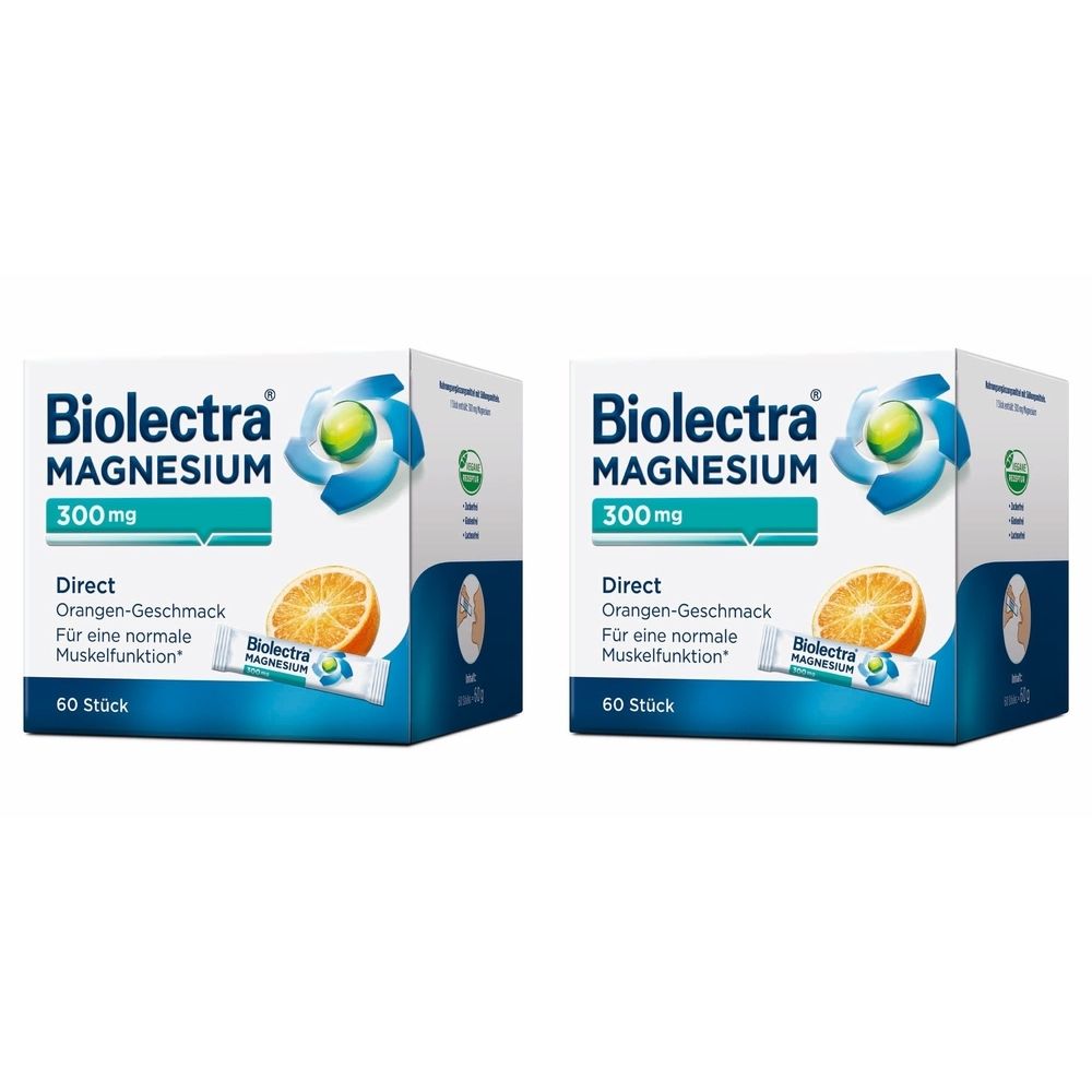 Zwei Kartons Biolectra Magnesium 300 mg. Aufdruck: Direct, Orangengeschmack, 60 Stück. Abbildung einer Orange.