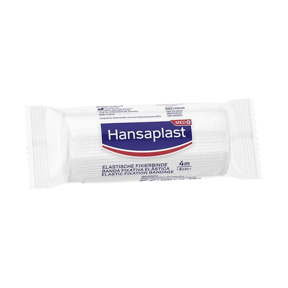 Elastische Fixierbinde in Folienverpackung. Aufschrift Hansaplast, MED. Größe: 4 m x 8 cm.