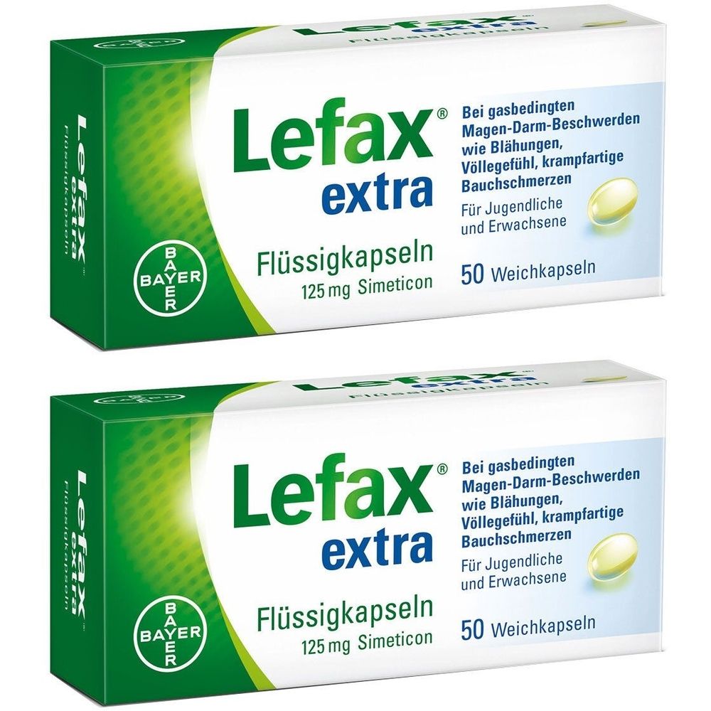 Zwei Schachteln Lefax extra Flüssigkapseln. Aufschrift: 125 mg Simeticon, 50 Weichkapseln. Bayer-Logo. Grün-weiße Verpackung.