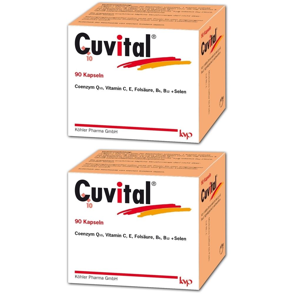 Zwei Kartons Cuvital® Kapseln. Aufschrift: 90 Kapseln, Coenzym Q10, Vitamin C, E, Folsäure, B6, B12, Selen. Hersteller: Köhler Pharma GmbH.