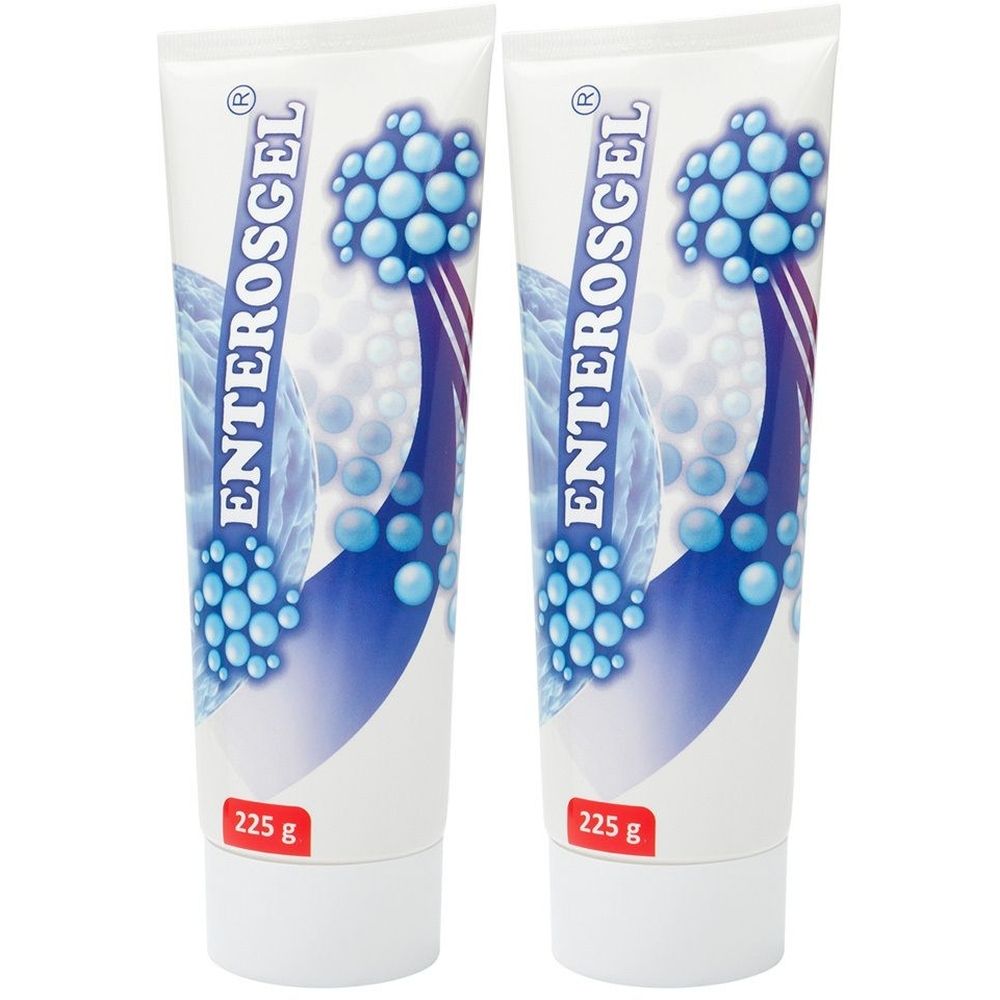 Zwei Tuben ENTEROSGEL. Weiße Tuben mit blauem Design und Schriftzug. Unten steht 225 g.