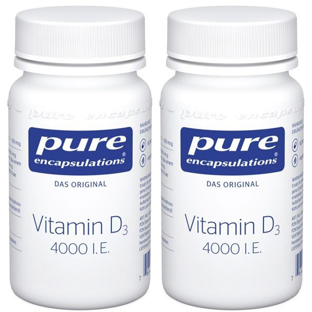 Zwei weiße Flaschen mit Schraubverschluss. Aufschrift: pure encapsulations, Vitamin D3 4000 I.E. Das Original.
