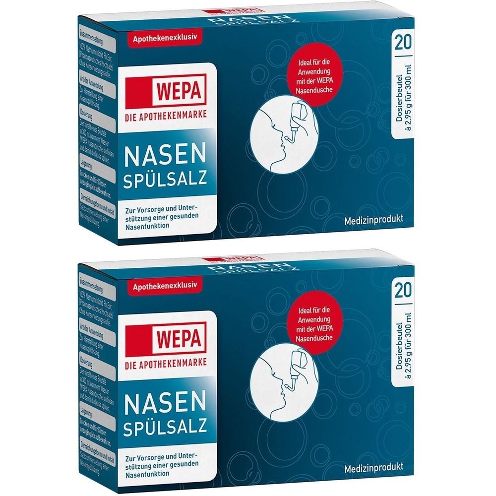 Zwei blaue Kartons mit "WEPA Nasenspülsalz". Aufdrucke: "Apothekenexklusiv", "Medizinprodukt", und eine Abbildung zur Nasenspülung.