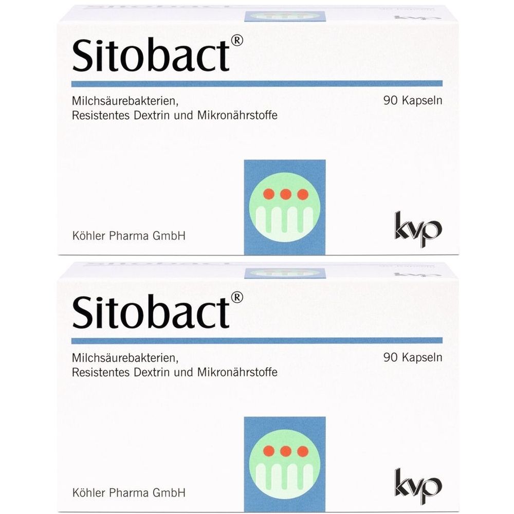 Zwei weiße Kartons mit der Aufschrift Sitobact®. Text: Milchsäurebakterien, Resistentes Dextrin und Mikronährstoffe. 90 Kapseln. Logo.