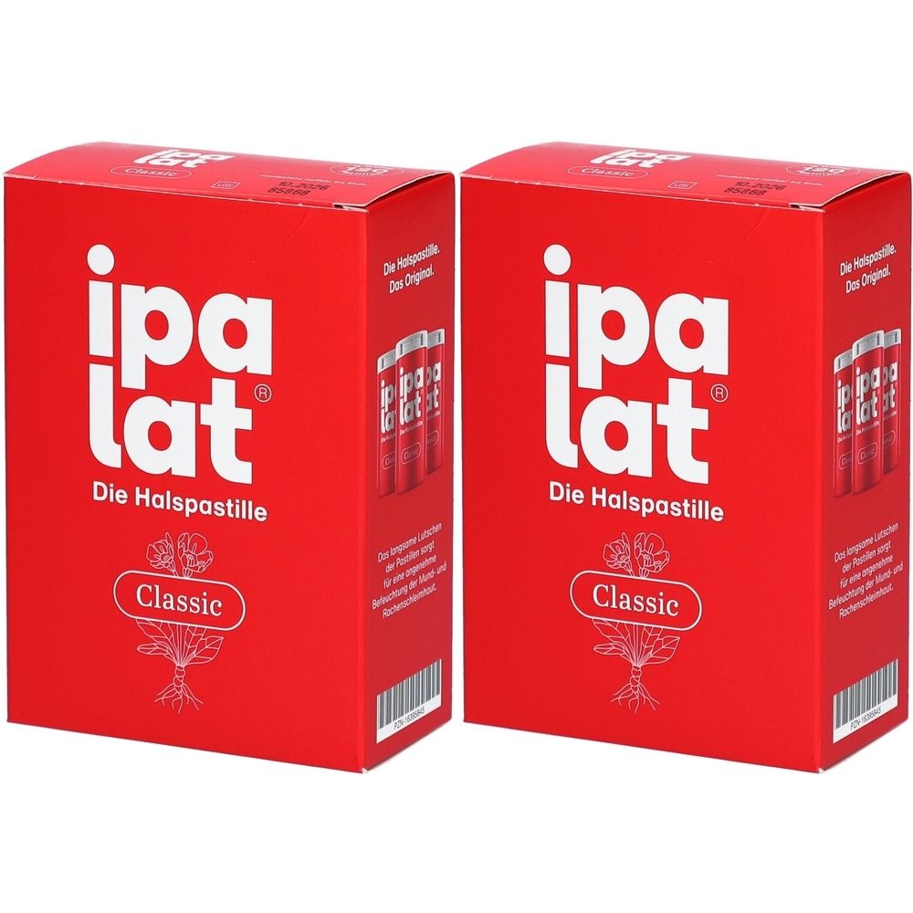 Zwei rote Kartons mit weißem Schriftzug "ipalat". Aufschrift "Die Halspastille Classic". Kleinere Packungen sichtbar.