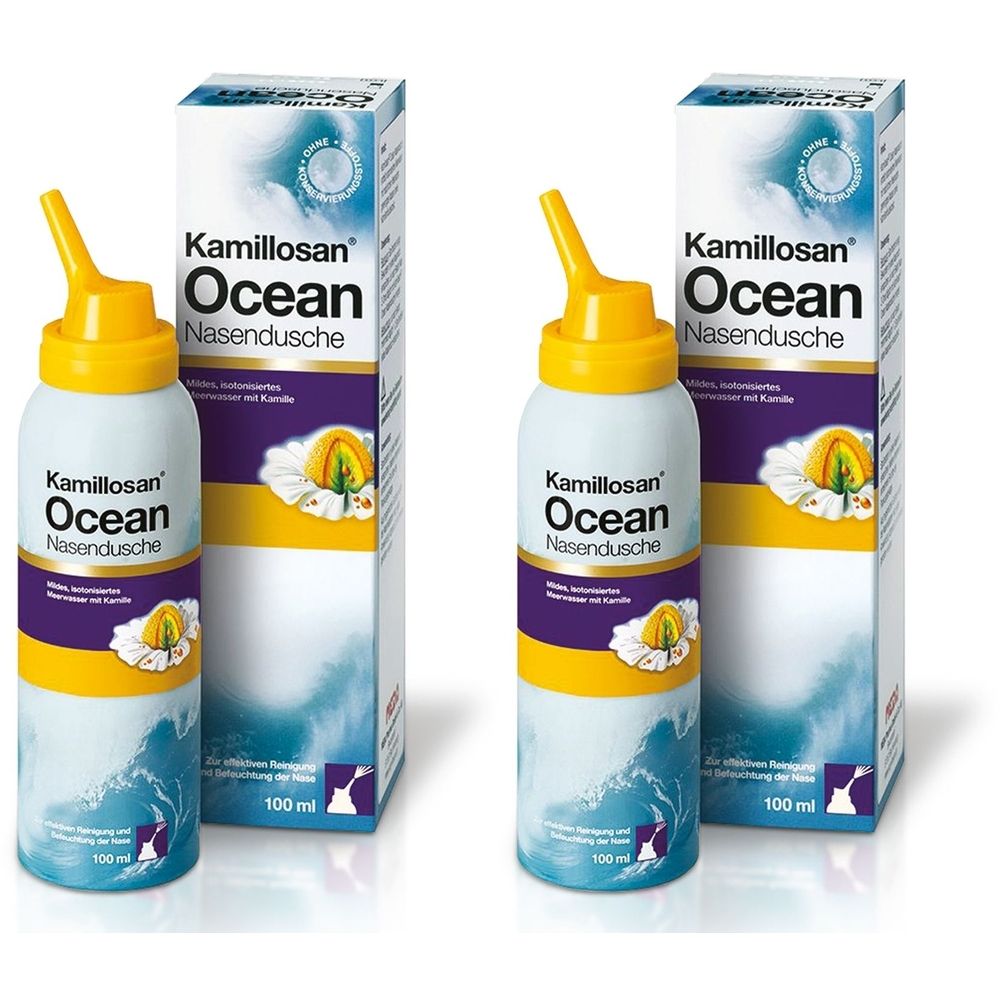 Zwei Flaschen mit gelbem Sprühkopf und Karton. Aufschrift: Kamillosan Ocean Nasendusche. Auf der Flasche: 100 ml.