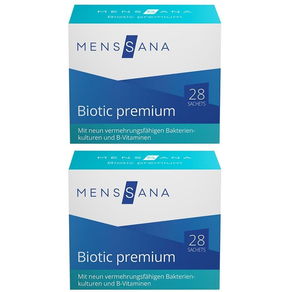 Zwei Schachteln MENSSANA Biotic premium. Weiße Verpackung mit blauem Design. Enthält 28 Sachets. Text: Mit Bakterienkulturen und B-Vitaminen.