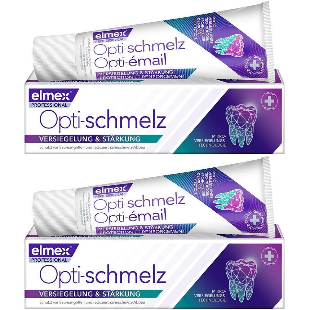 Zwei Tuben und Schachteln Zahnpasta. Aufschrift: Opti-schmelz, Opti-émail. Mit Zahn-Illustration und Logo.