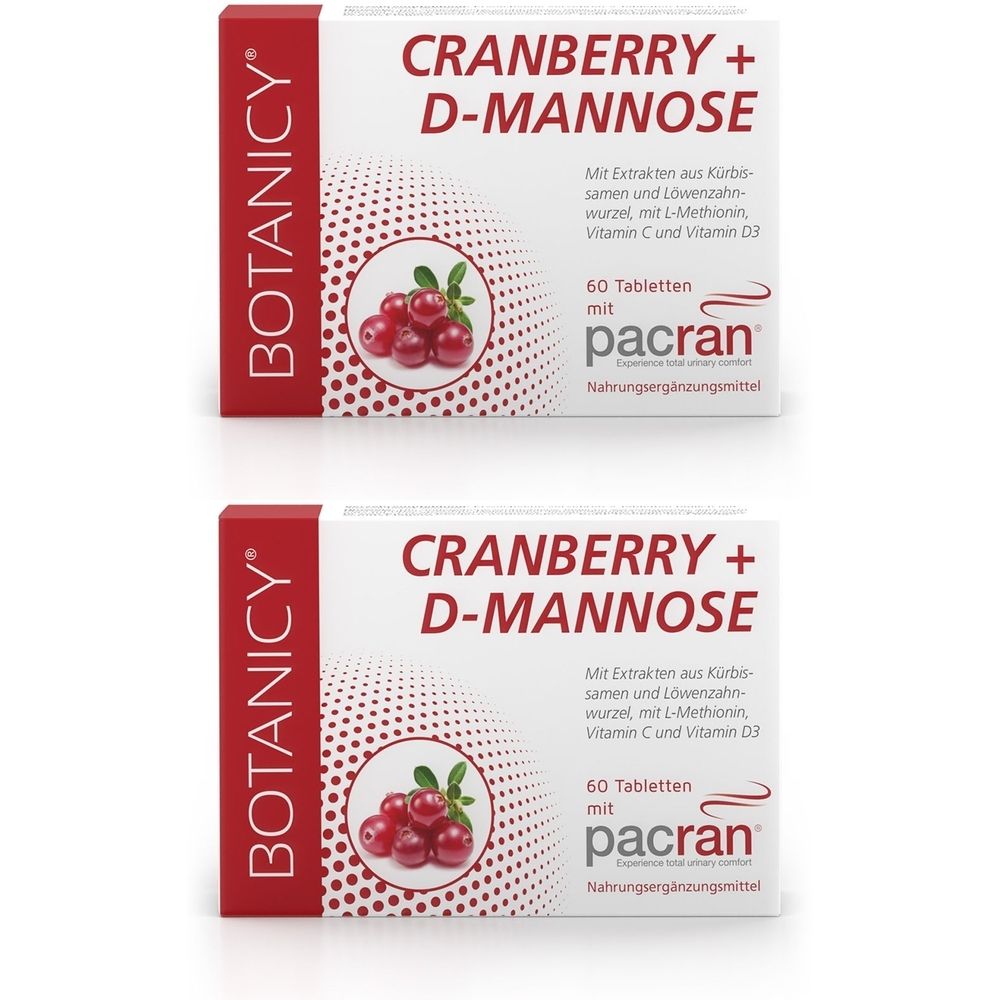 Zwei Packungen BOTANICY Cranberry + D-Mannose. Weiße Schachteln mit roter Schrift. Abbildung von Cranberrys.