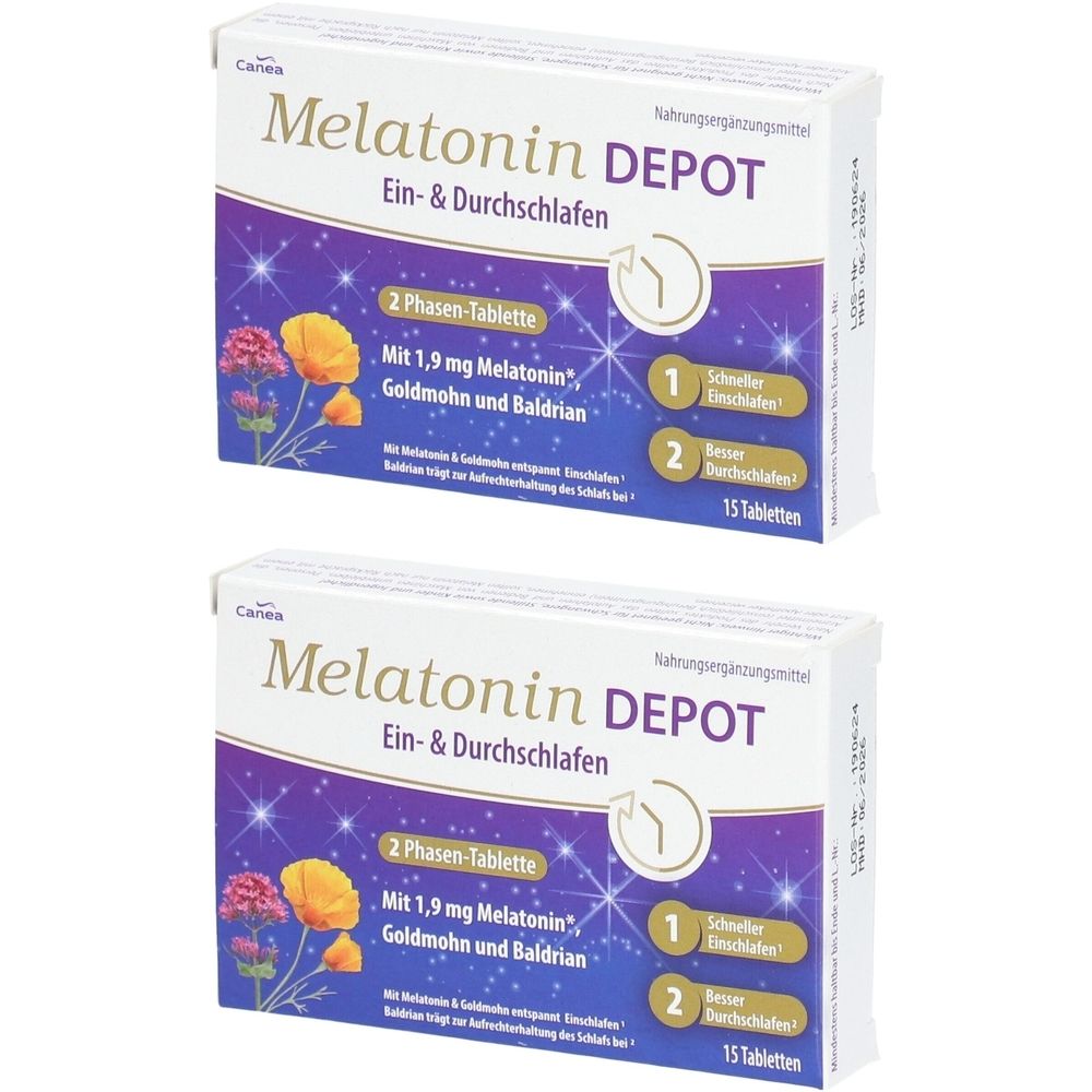 Zwei Schachteln Canea Melatonin Depot. Aufschrift: Ein- & Durchschlafen, 2 Phasen-Tablette, 15 Tabletten.
