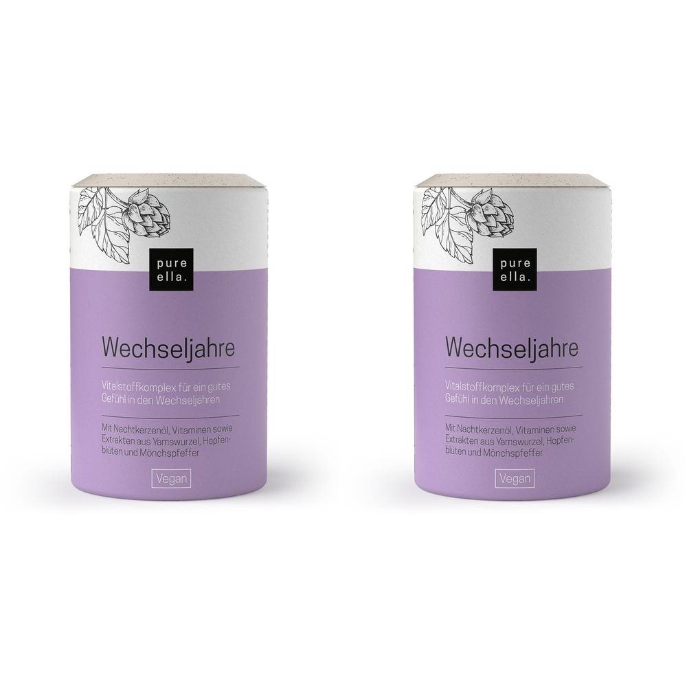 Zwei zylindrische Behälter. Aufschrift: Wechseljahre, pure ella. Lilafarbene Basis, weißer Deckel. Vegan-Siegel.