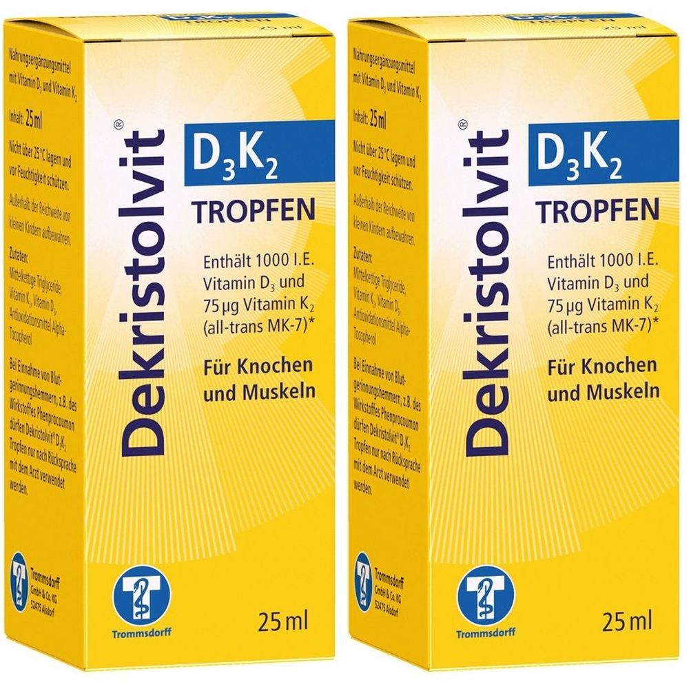 Zwei gelbe Kartons mit der Aufschrift "Dekristolvit D3K2 Tropfen". Enthält Vitamin D und K. 25 ml.