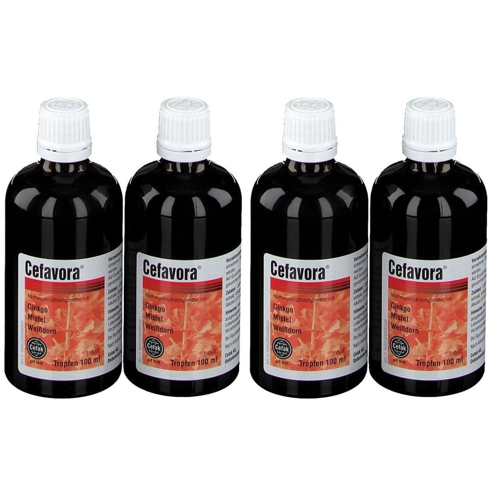 Vier Flaschen Cefavora®. Braune Flüssigkeit in Glasflaschen mit weißen Deckeln. Etikett mit Produktnamen und Inhaltsangaben.