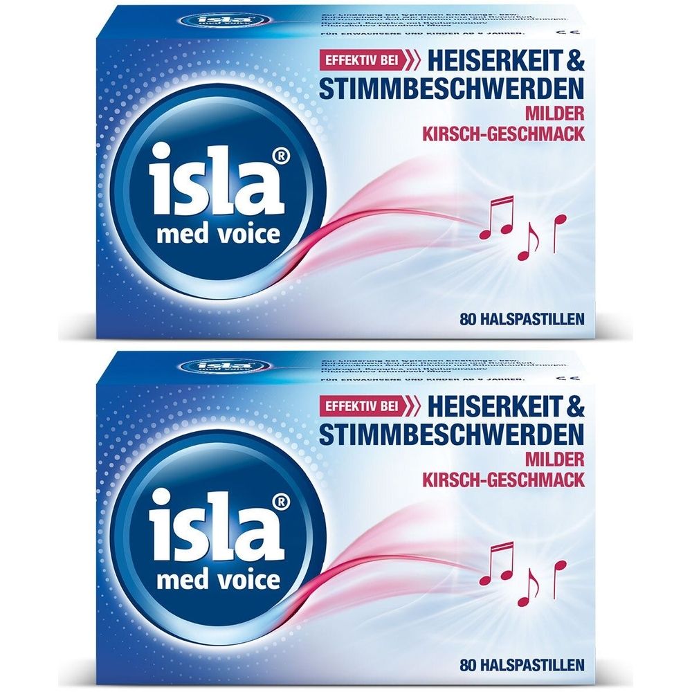 Zwei Packungen isla med voice Halspastillen. Blaue Verpackung mit weißer Schrift. Text: Heiserkeit & Stimmbeschwerden, Kirsch-Geschmack. 80 Pastillen.