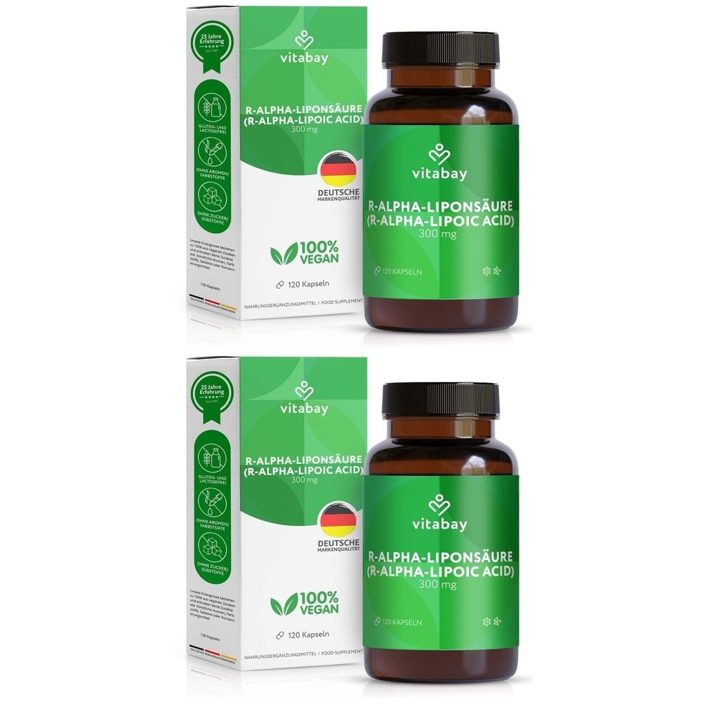 Zwei Flaschen und zwei Schachteln mit dem Produkt Vitabay R-Alpha-Liponsäure. Aufschrift: 300 mg, 100% vegan.