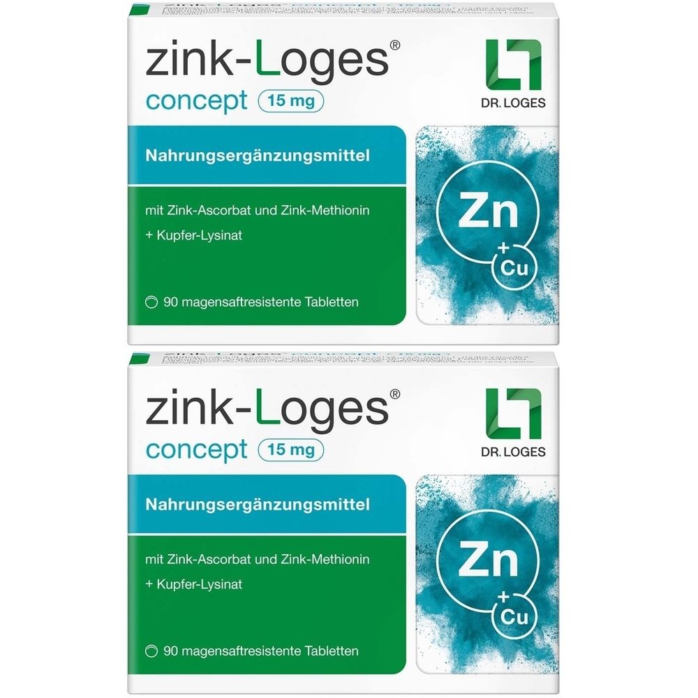 Zwei Schachteln Zink-Loges concept 15 mg. Aufschrift: Nahrungsergänzungsmittel, 90 magensaftresistente Tabletten. Logo: Zn + Cu.