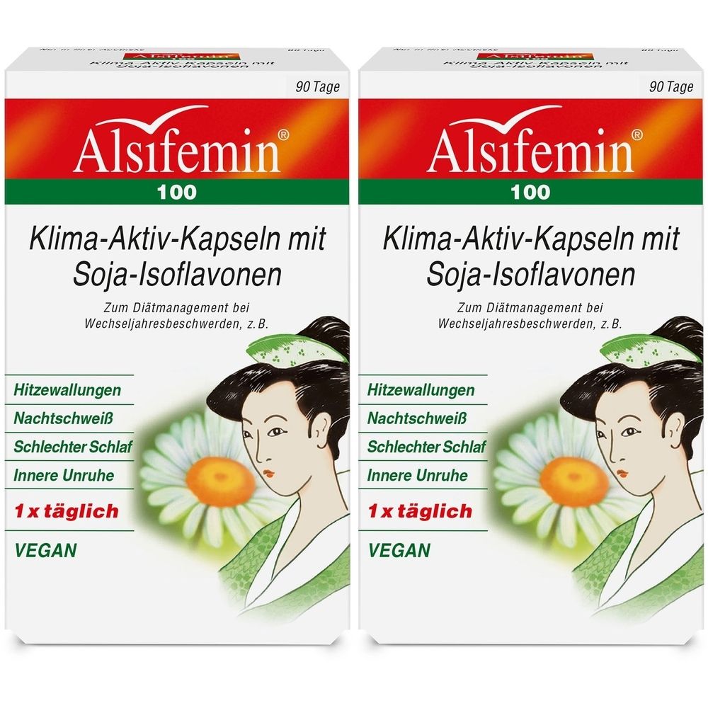 Zwei Packungen Alsifemin 100 Klima-Aktiv-Kapseln. Weiße Verpackung mit rotem und grünem Text. Abbildung einer Frau und einer Kamille.