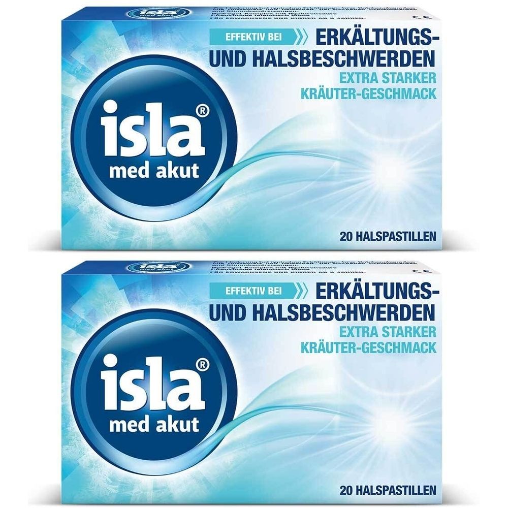 Zwei Packungen isla med akut Halspastillen. Blaue Verpackung mit Produktnamen und Text. Enthält 20 Pastillen.